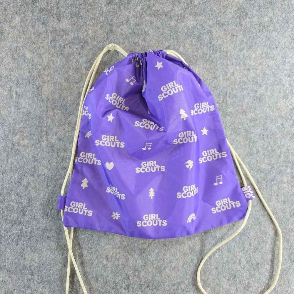 Girl Scouts Drawstring Backpack Cinch Sack Purple White Text Hearts Stars Music